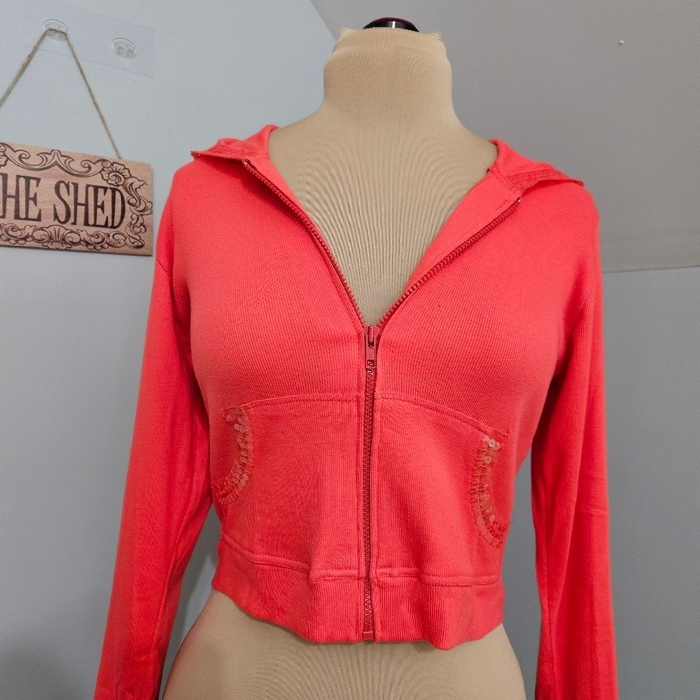 Haven Bleu Coral Zip Front Hoodie Medium Sequined Mesh Jacket Cropped Fit - Picture 2 of 16
